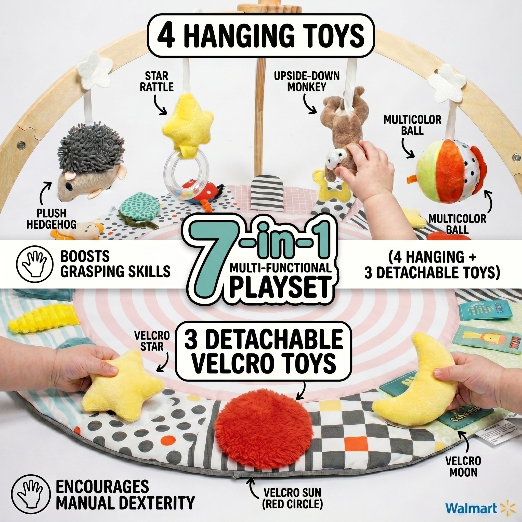 SY-Baby Play Mat with Wooden Play Gym and Detachable Sensory Toys for Infants, Tummy Time Activity Mat, Newborn Baby Gift
