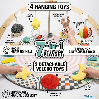 SY-Baby Play Mat with Wooden Play Gym and Detachable Sensory Toys for Infants, Tummy Time Activity Mat, Newborn Baby Gift