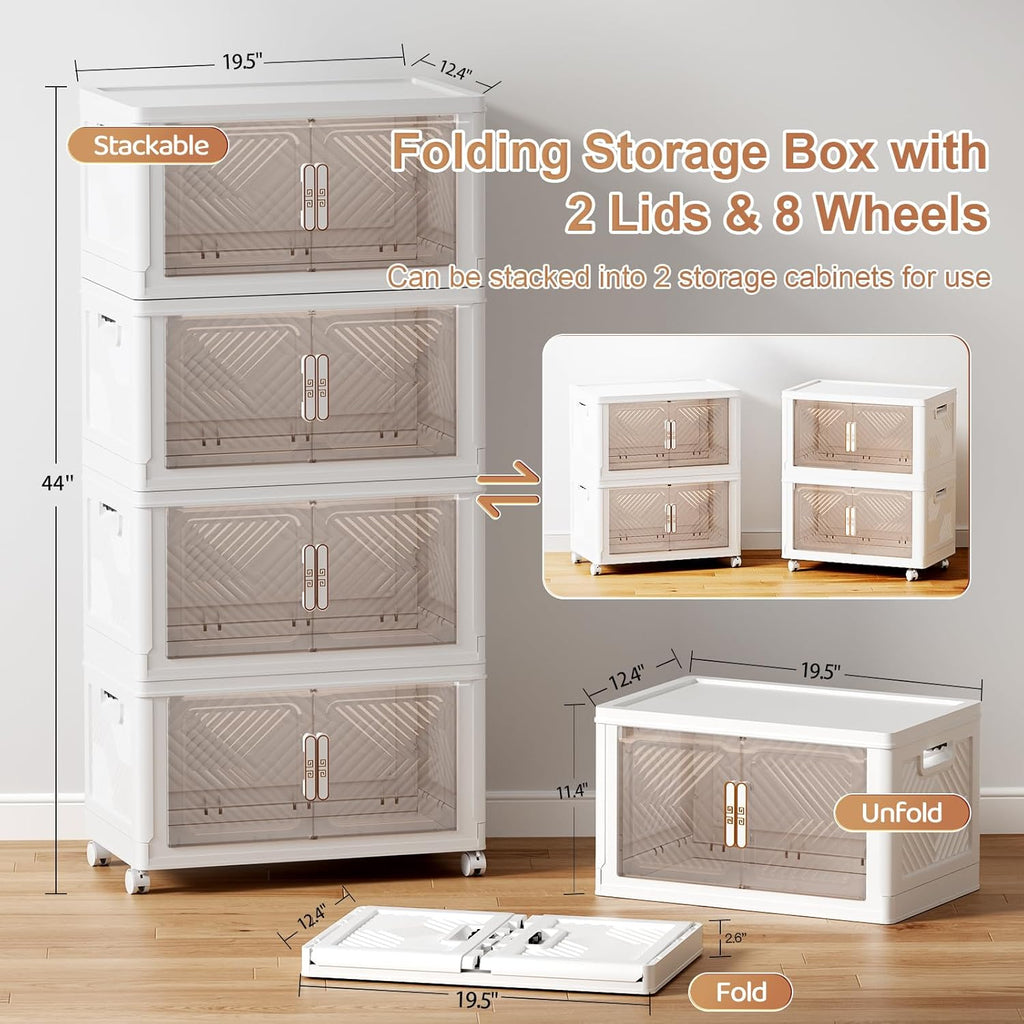 Storage Bins Storage Containers with Wheels and Magnetic Doors, Plastic Clothes Closet Organizers and Storage Box for Home and Office