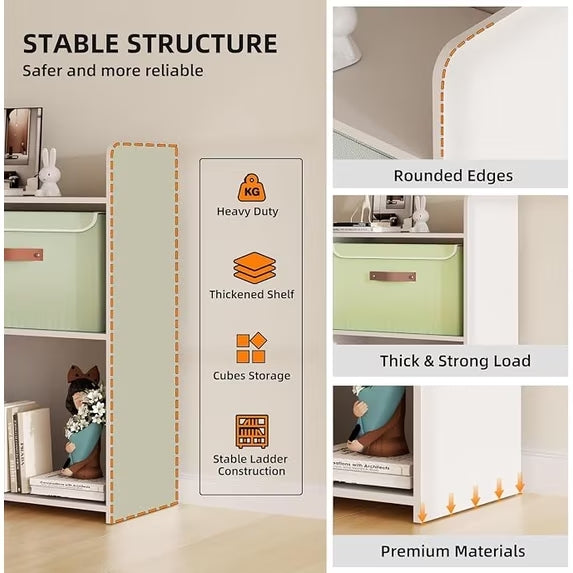 PRVAETU 4 Cube Storage Organizer, 32inch Wooden Extendable Book Shelf DIY Bookcase with 2 pcs Storage Cabinet and Side Pockets, Open Storage Cabinet for Living Room, Bedroom, Home, Office