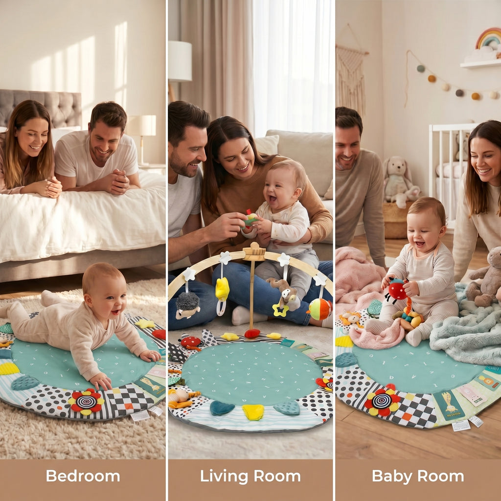 SY-Baby Play Mat with Wooden Play Gym and Detachable Sensory Toys for Infants, Tummy Time Activity Mat, Newborn Baby Gift