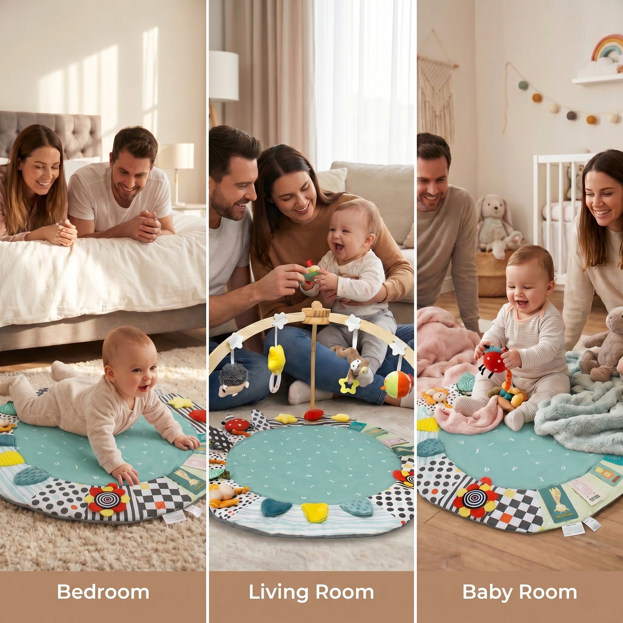 SY-Baby Play Mat with Wooden Play Gym and Detachable Sensory Toys for Infants, Tummy Time Activity Mat, Newborn Baby Gift