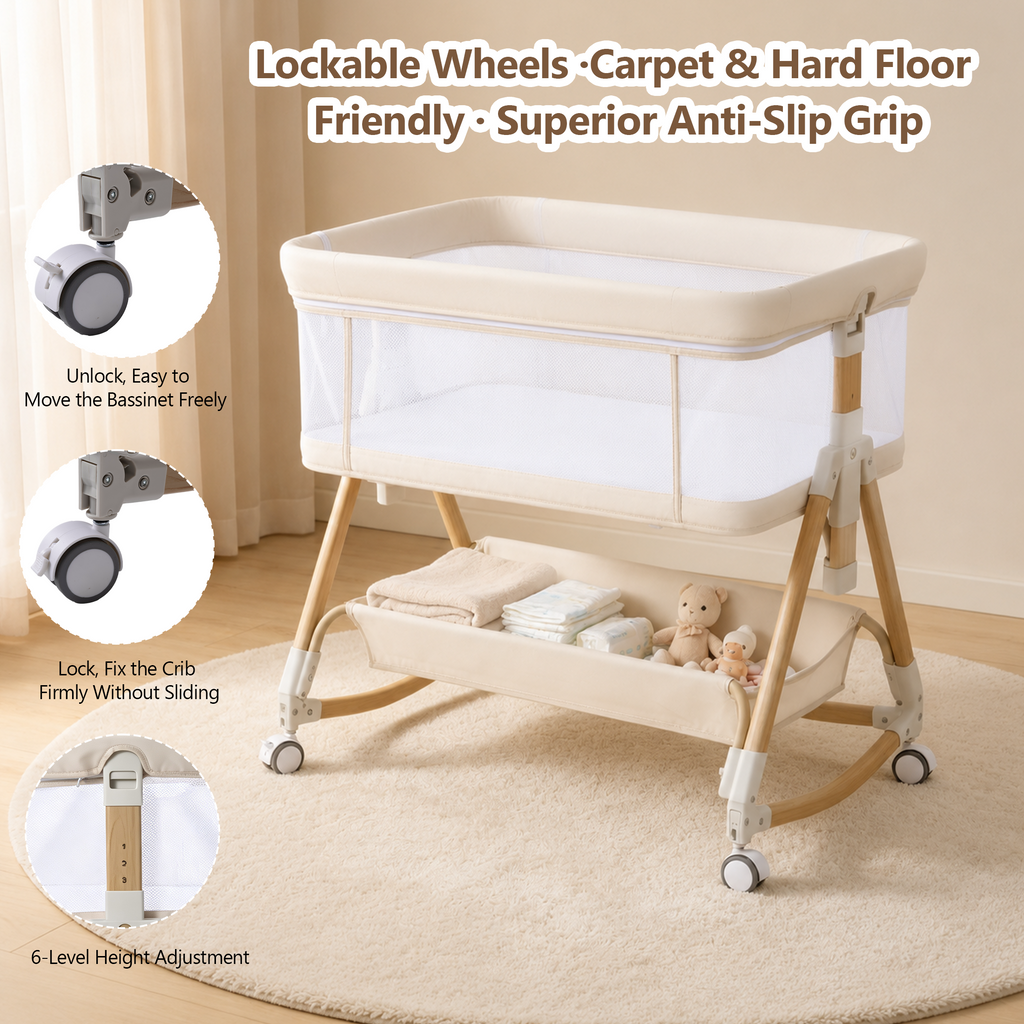 PRVAETU Baby Bassinet, 3-in-1 Baby Bassinet Bedside Sleeper with Wheels, Adjustable Easy Folding Portable Rocking Crib for Infant Newborn (Khaki)