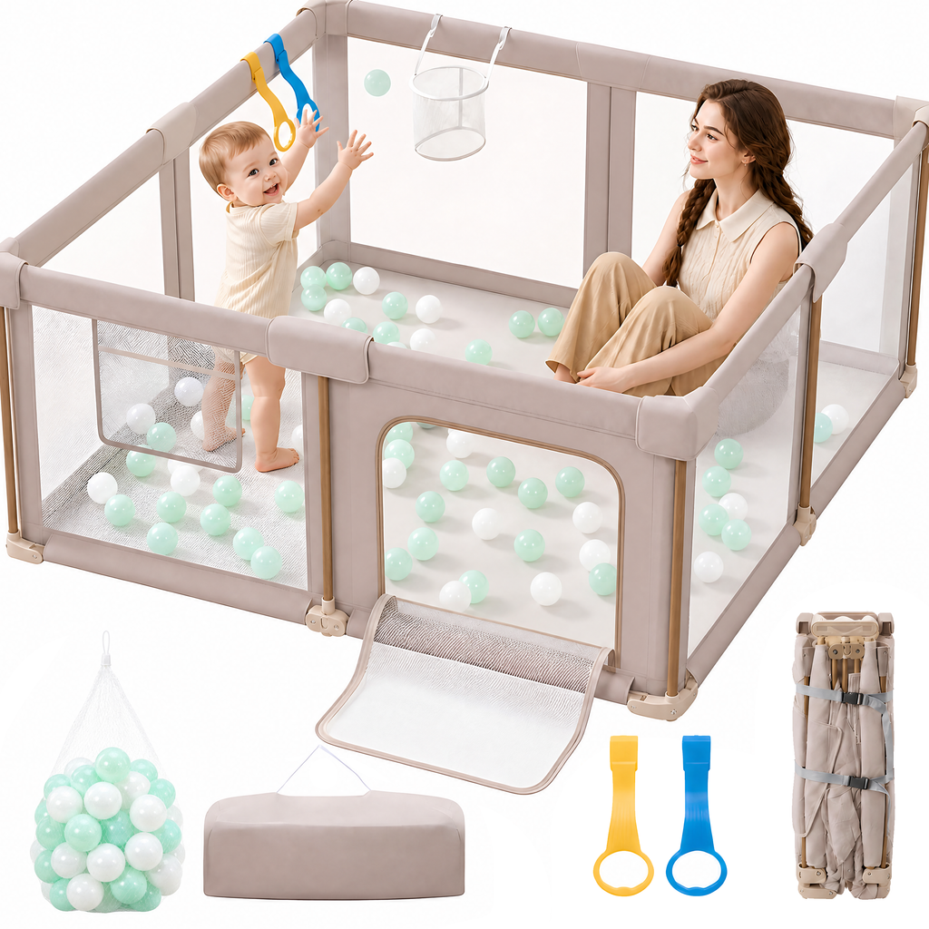 PRVAETU Foldable Baby Playpen with 50 Ocean Balls,Collapsible Play Pen for Babies and Toddlers,Khaki