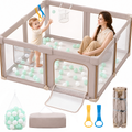 PRVAETU Foldable Baby Playpen with 50 Ocean Balls,Collapsible Play Pen for Babies and Toddlers,Khaki