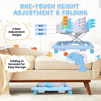 PRVAETU Baby Walker & Activity Center W/ Music & Lights,3 Adjustable Height, Anti-Rollover & Foldable Design for Infant Boy and Girl 6-18 Months