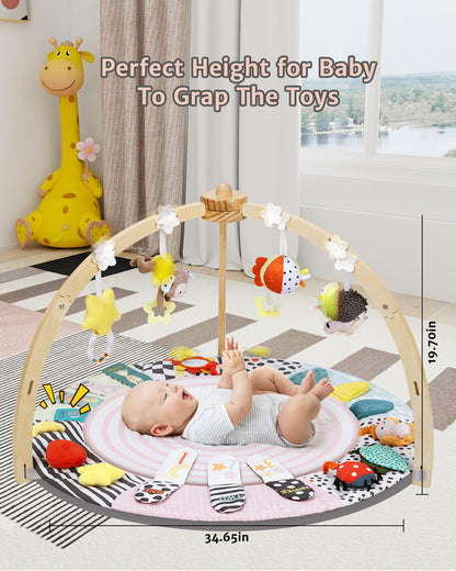 PRVAETU Wooden Baby Gym Play Mat, Foldable Tummy Time Playmat W/ 7 Detachable Toys for Infant Newborn Toddler Motor Skills Sensory Development