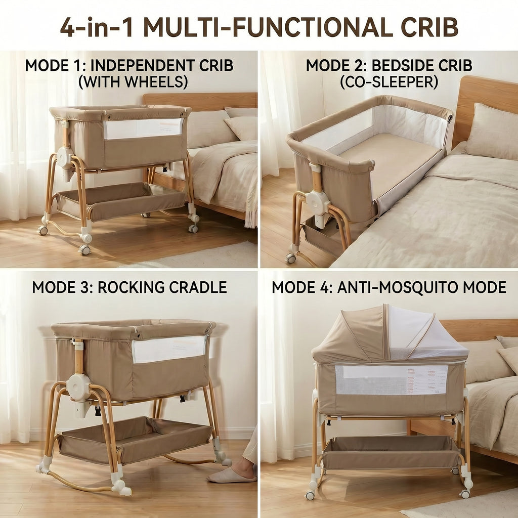 Baby Bassinet, Bedside Bassinet for Baby, Bassinet Bedside Sleeper with Mattress, Storage Basket and 4 Auto-Lock Wheels, Full-Mesh Sides, Bedside Mini Crib for Newborn (Beige)