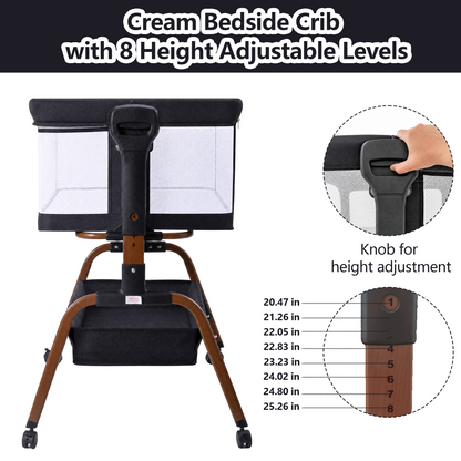 PRVATEU 4-in-1 Baby Bassinet Bedside Sleeper with Rocking Mode,8 Adjustable Heights,Wheels and Storage Basket,Beige