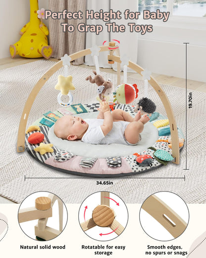 PRVAETU Wooden Baby Gym Play Mat, Foldable Tummy Time Playmat W/ 7 Detachable Toys for Infant Newborn Toddler Motor Skills Sensory Development