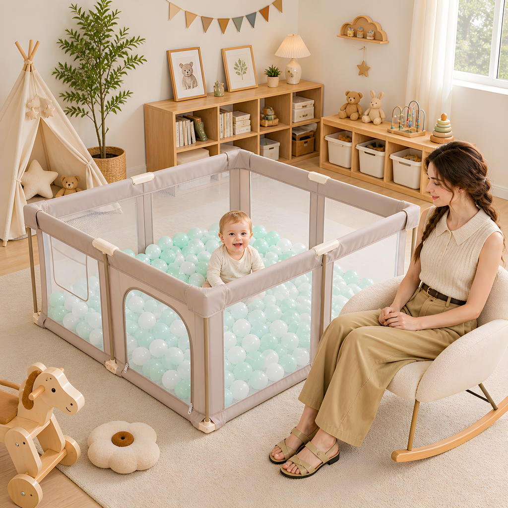 PRVAETU Foldable Baby Playpen with 50 Ocean Balls,Collapsible Play Pen for Babies and Toddlers,Khaki