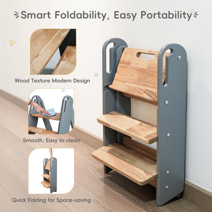 PRVAETU 3 layer Wooden Toddler Step Stool for Bathroom Sink, Foldable Kids Toilet Potty Training Stool with Handles, Child Kitchen Counter Tower Helper