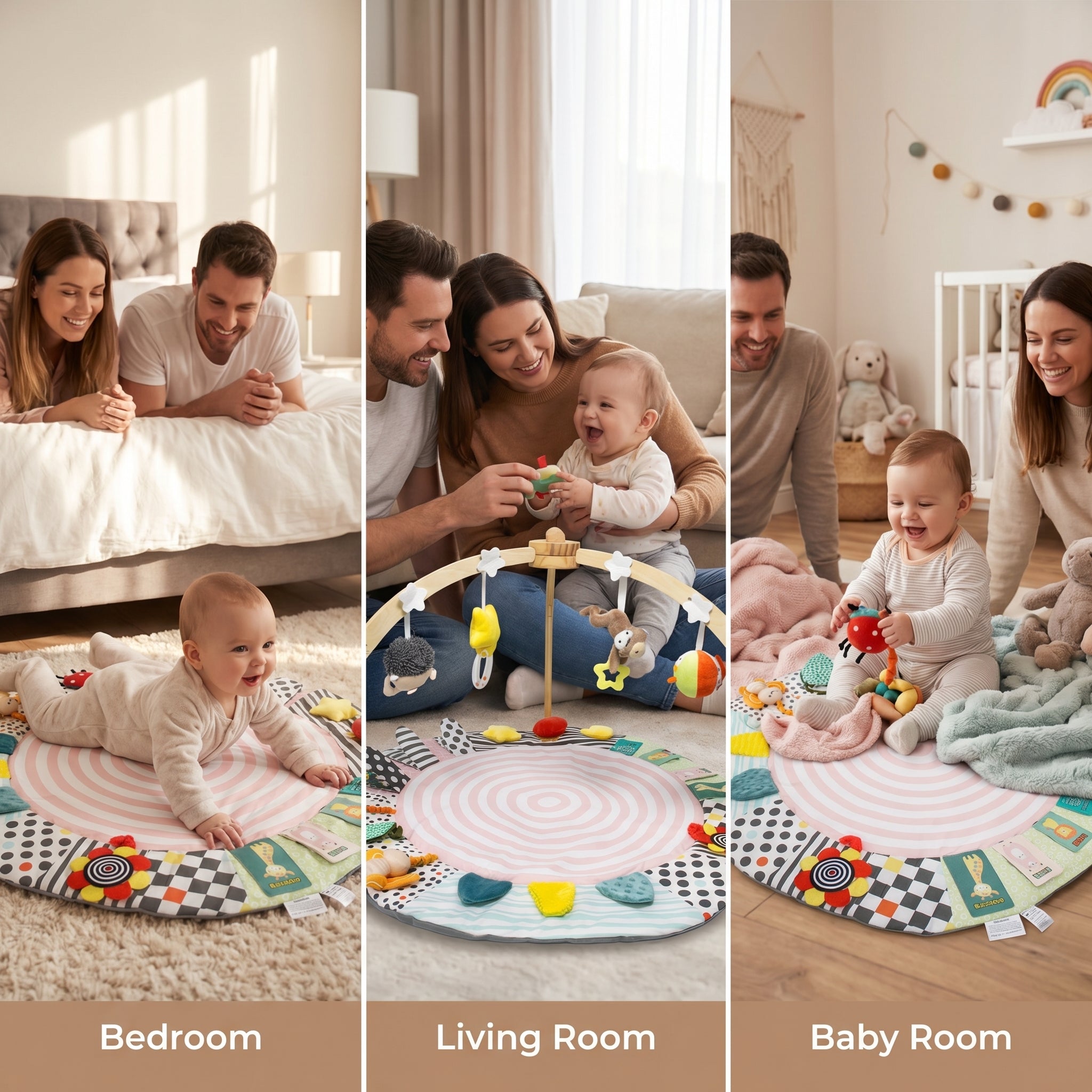 SY-Baby Play Mat with Wooden Play Gym and Detachable Sensory Toys for Infants, Tummy Time Activity Mat, Newborn Baby Gift