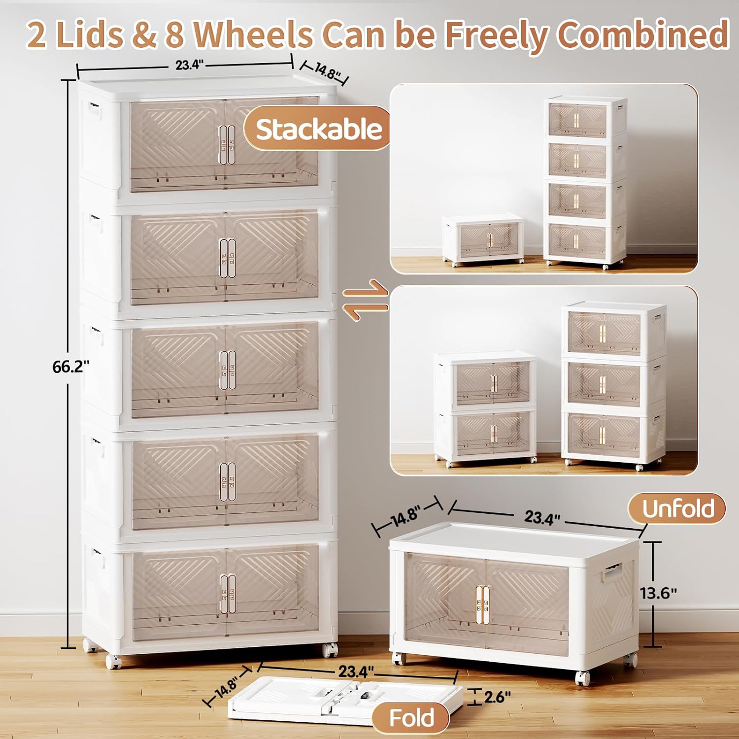 Storage Bins Storage Containers with Wheels and Magnetic Doors, Plastic Clothes Closet Organizers and Storage Box for Home and Office