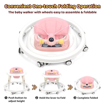 PRVAETU Foldable Baby Walker Activity Center W/ Wheels,Height Adjustable,Music Toy & Foot Pad for 6-18 Months Babies Infant Boys Girls