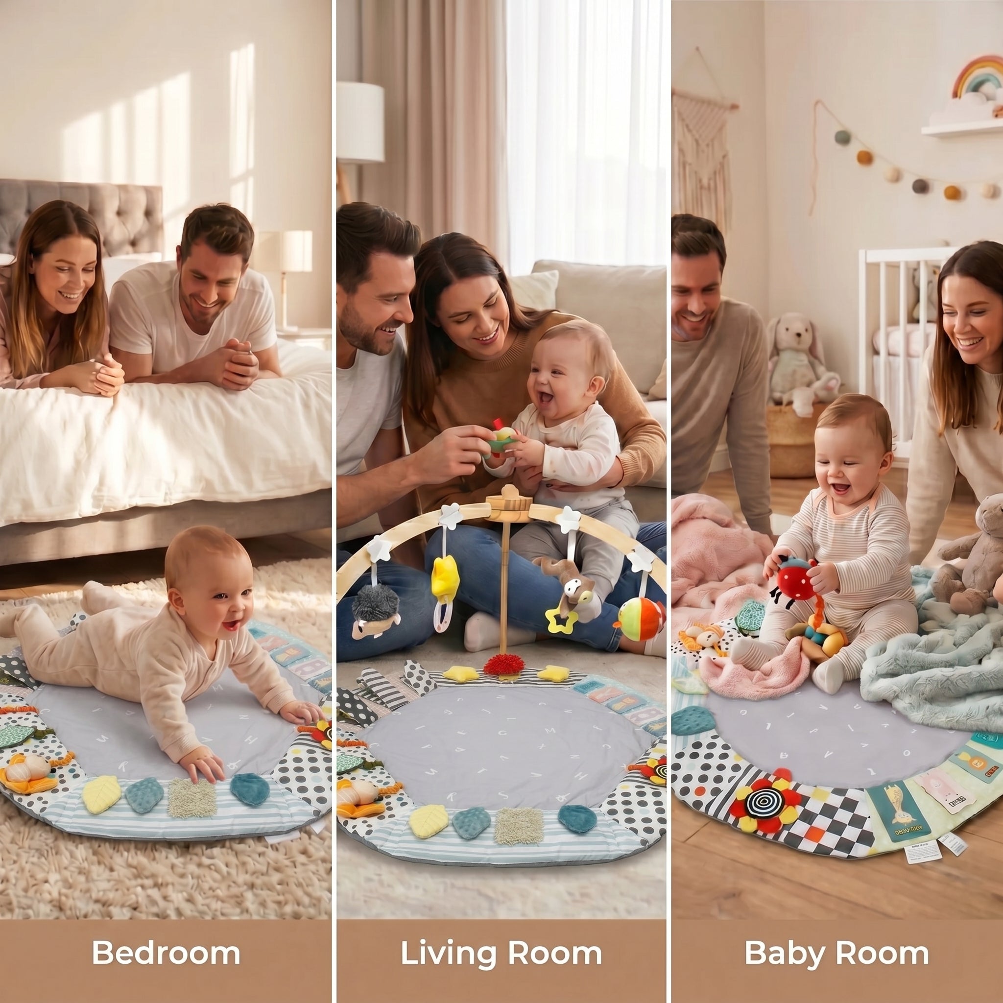 SY-Baby Play Mat with Wooden Play Gym and Detachable Sensory Toys for Infants, Tummy Time Activity Mat, Newborn Baby Gift
