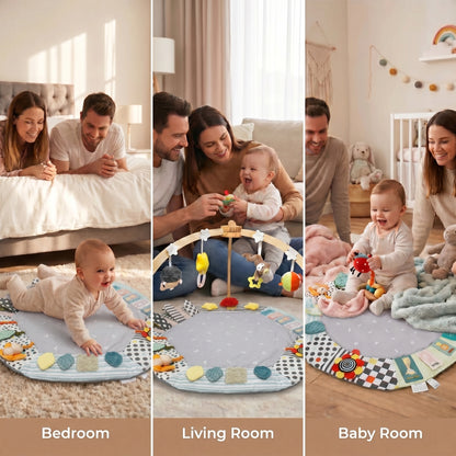 SY-Baby Play Mat with Wooden Play Gym and Detachable Sensory Toys for Infants, Tummy Time Activity Mat, Newborn Baby Gift