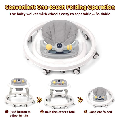 PRVAETU Foldable Baby Walker Activity Center W/ Wheels,Height Adjustable,Music Toy & Foot Pad for 6-18 Months Babies Infant Boys Girls