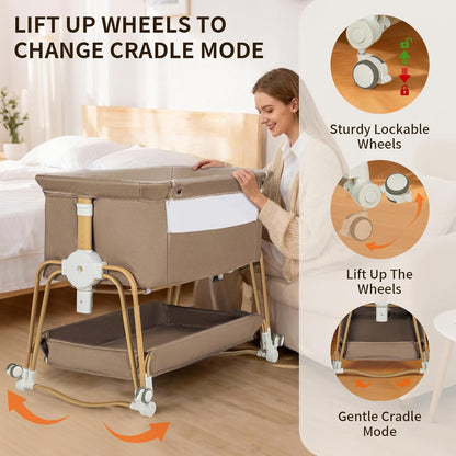 PRVAETU 4-in-1 Baby Bassinet & Bedside Sleeper for Babies, 7-Level Height Adjustable, Wheels with Storage Basket, Breathable Mesh,White