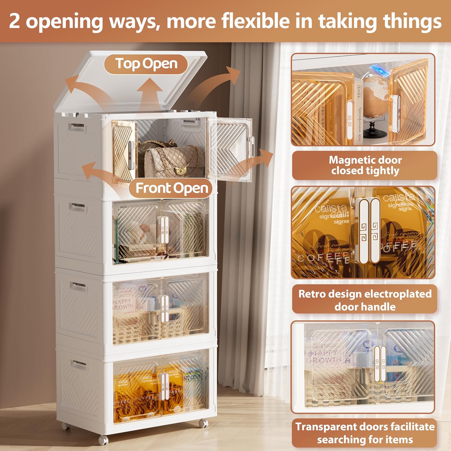 Storage Bins Storage Containers with Wheels and Magnetic Doors, Plastic Clothes Closet Organizers and Storage Box for Home and Office