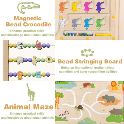 PRVAETU Foldable Wooden Baby Playpen with 2 Game Boards for Infant Girls & Boys, 10+ Toy Set, Large Play Yard Fence W/ Gate for Toddlers