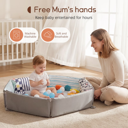 PRVAETU Baby Play Mat with Foldable Raised Edges, Wooden Gym & 6-in-1 Activity Center, Convertible Ball Pit, Sensory Playmat for Infants 6-18 Months