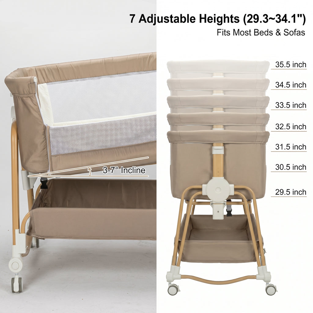 Baby Bassinet, Bedside Bassinet for Baby, Bassinet Bedside Sleeper with Mattress, Storage Basket and 4 Auto-Lock Wheels, Full-Mesh Sides, Bedside Mini Crib for Newborn (Beige)