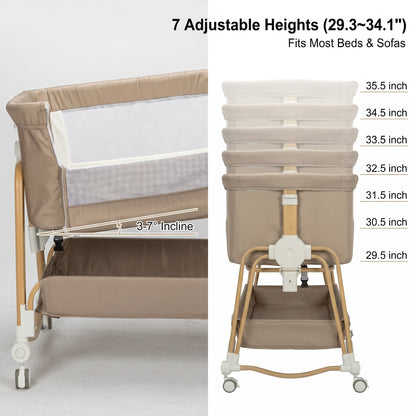 Baby Bassinet, Bedside Bassinet for Baby, Bassinet Bedside Sleeper with Mattress, Storage Basket and 4 Auto-Lock Wheels, Full-Mesh Sides, Bedside Mini Crib for Newborn (Beige)