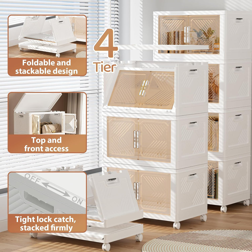 Storage Bins Storage Containers with Wheels and Magnetic Doors, Plastic Clothes Closet Organizers and Storage Box for Home and Office