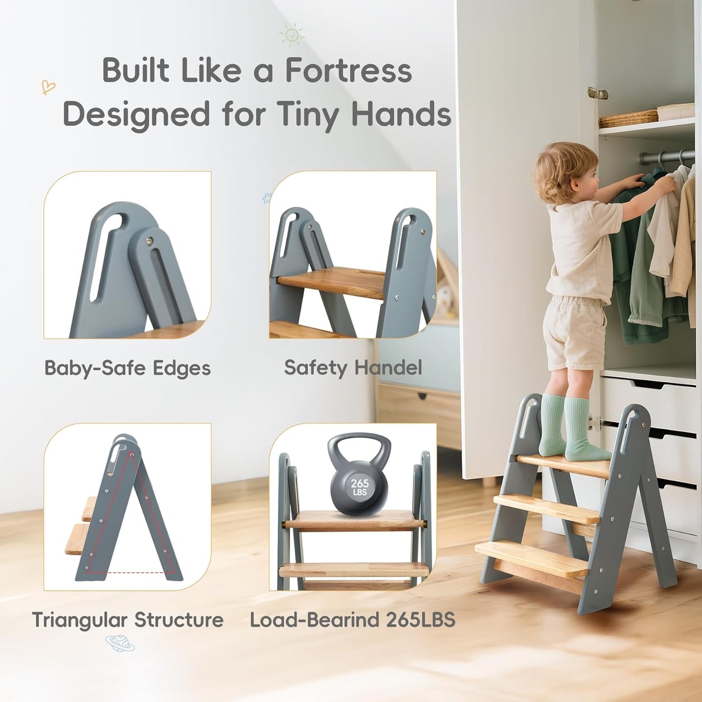 PRVAETU 3 layer Wooden Toddler Step Stool for Bathroom Sink, Foldable Kids Toilet Potty Training Stool with Handles, Child Kitchen Counter Tower Helper