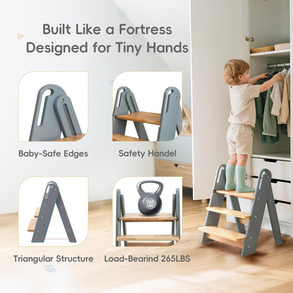 PRVAETU 3 layer Wooden Toddler Step Stool for Bathroom Sink, Foldable Kids Toilet Potty Training Stool with Handles, Child Kitchen Counter Tower Helper