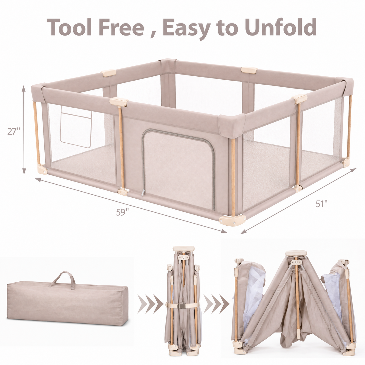 PRVAETU Foldable Baby Playpen with 50 Ocean Balls,Collapsible Play Pen for Babies and Toddlers,Khaki
