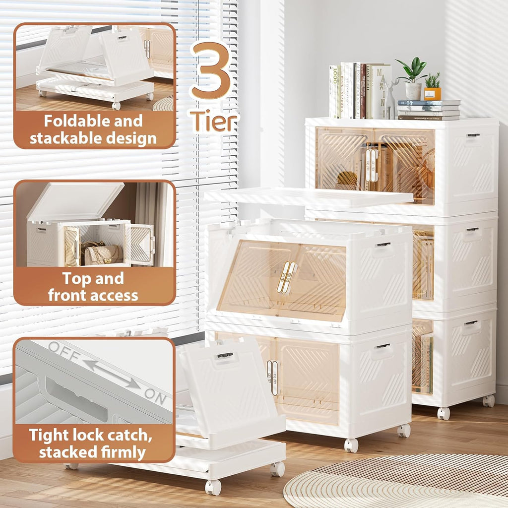 Storage Bins Storage Containers with Wheels and Magnetic Doors, Plastic Clothes Closet Organizers and Storage Box for Home and Office