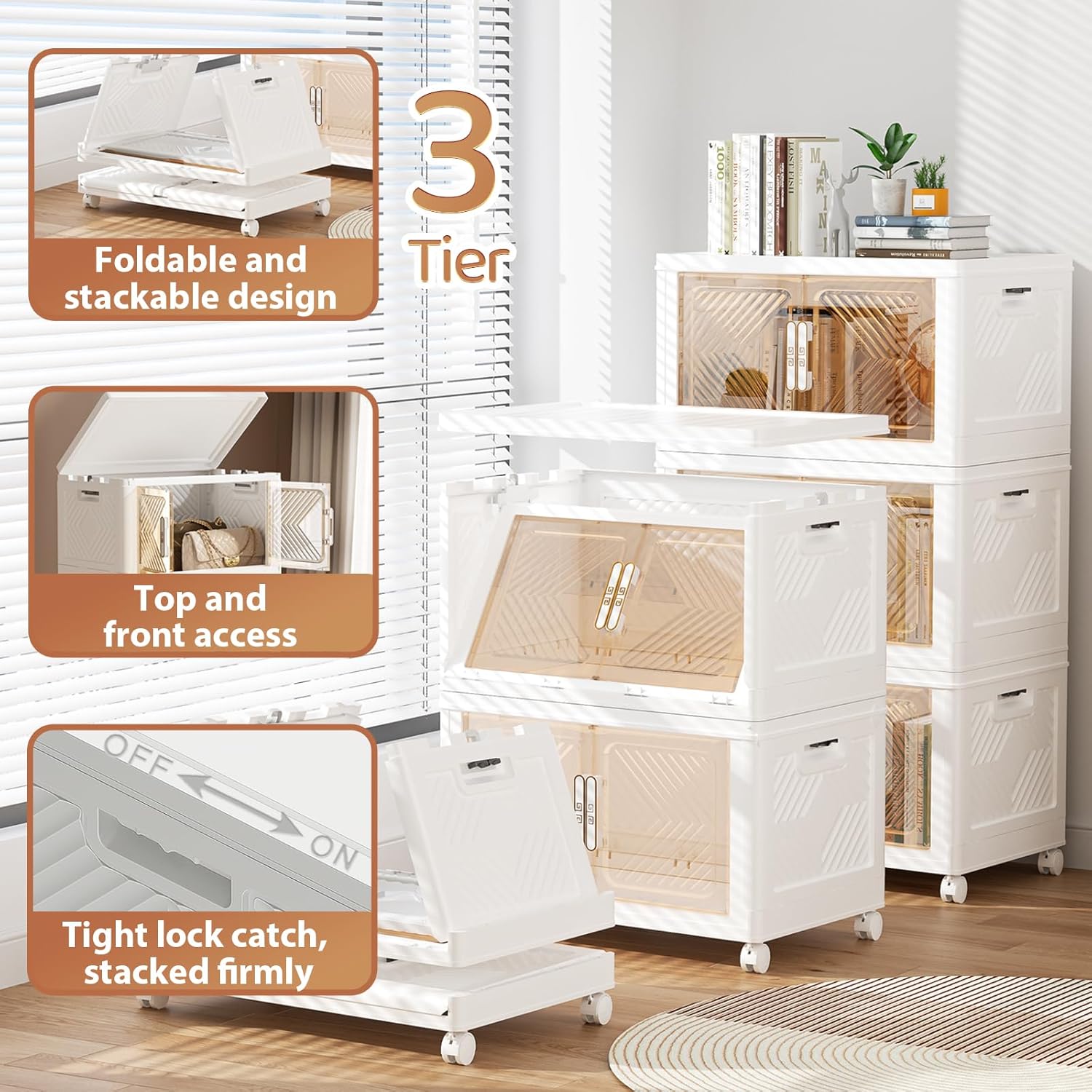 Storage Bins Storage Containers with Wheels and Magnetic Doors, Plastic Clothes Closet Organizers and Storage Box for Home and Office