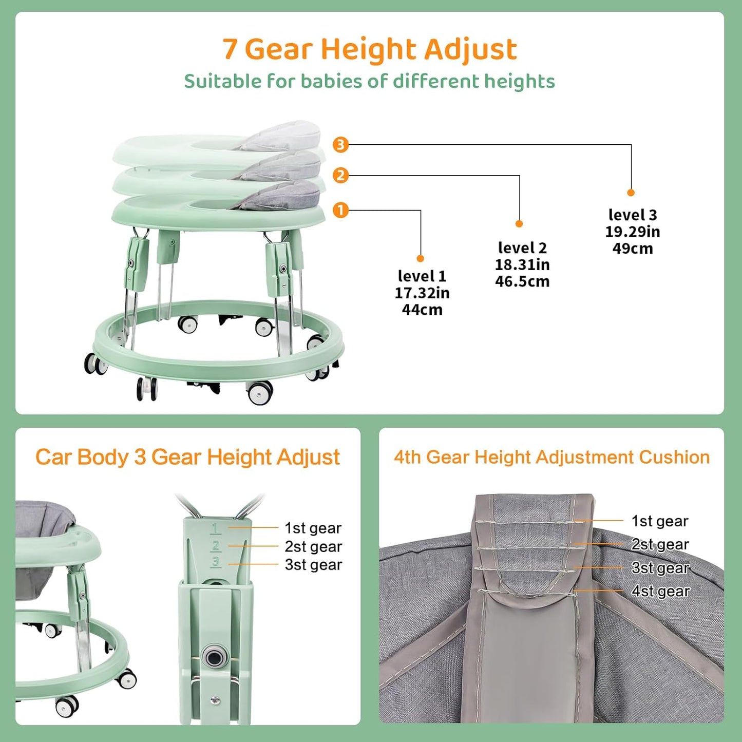 PRVAETU Foldable Baby Walker Activity Center W/ Wheels,Height Adjustable W/ Dinner Plate & Foot Pad for 6-18 Months Babies Infant Boys Girls