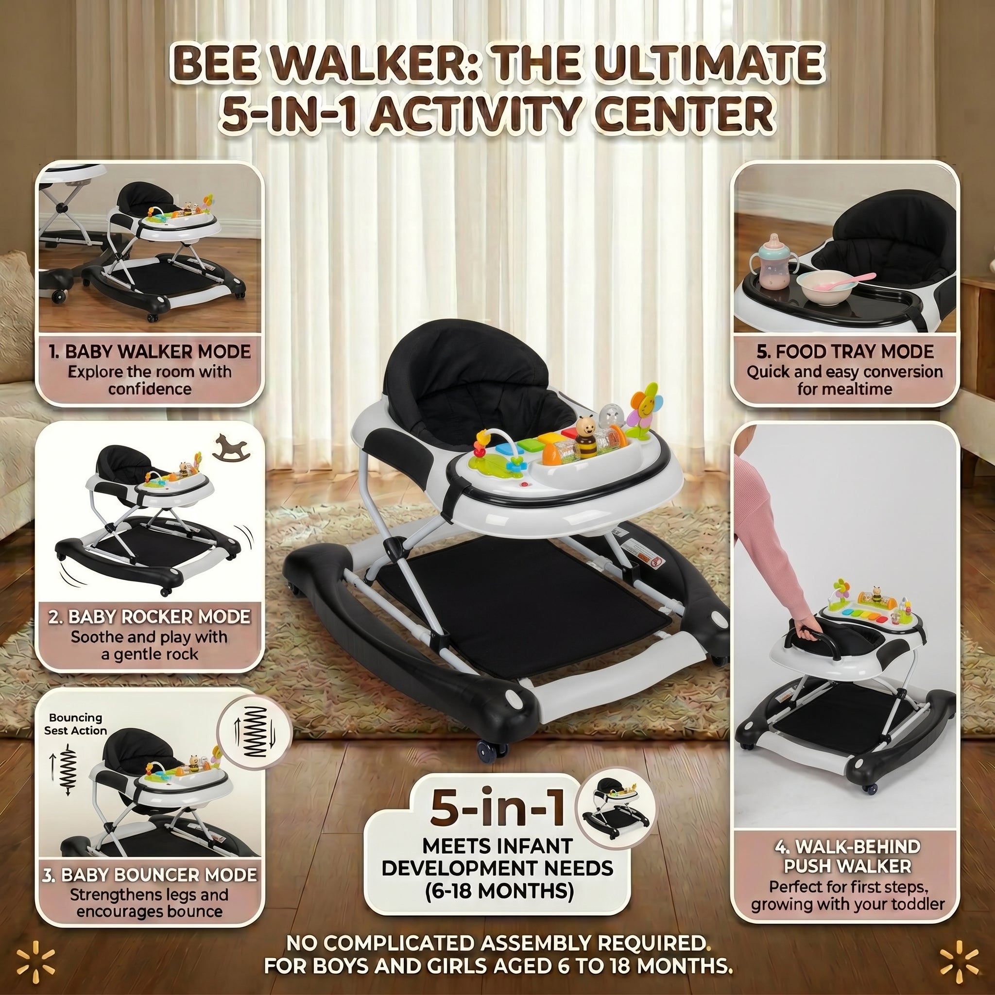 SIYI-Baby Walker,5-in-1 Activity Walker,Activity Center,Jumper,Push walker Rocker,W/Wheels,Music and Lights Toys,Foldable,for 6-18 Months Boys Girls