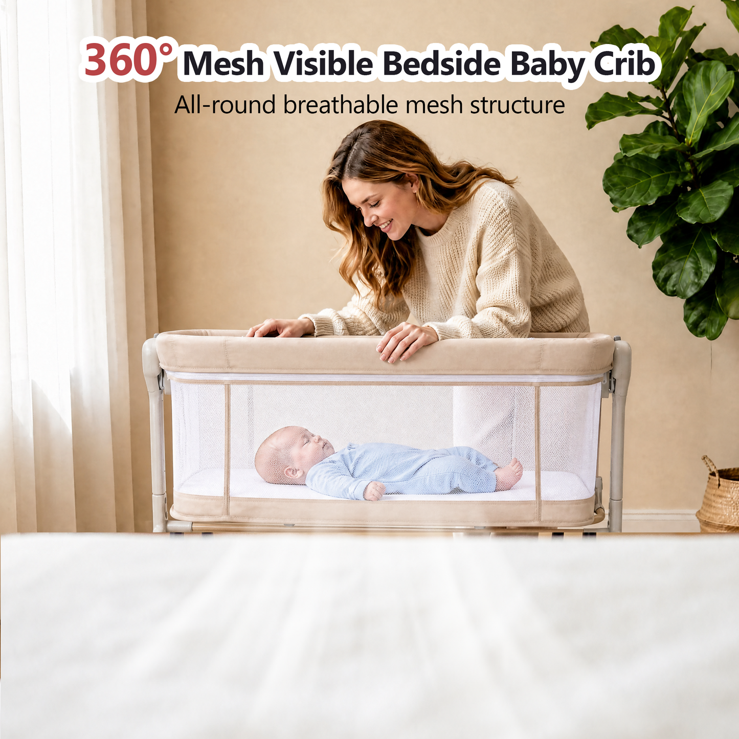 PRVATEU 4-in-1 Baby Bassinet Bedside Sleeper with Rocking Mode,8 Adjustable Heights,Wheels and Storage Basket,Beige