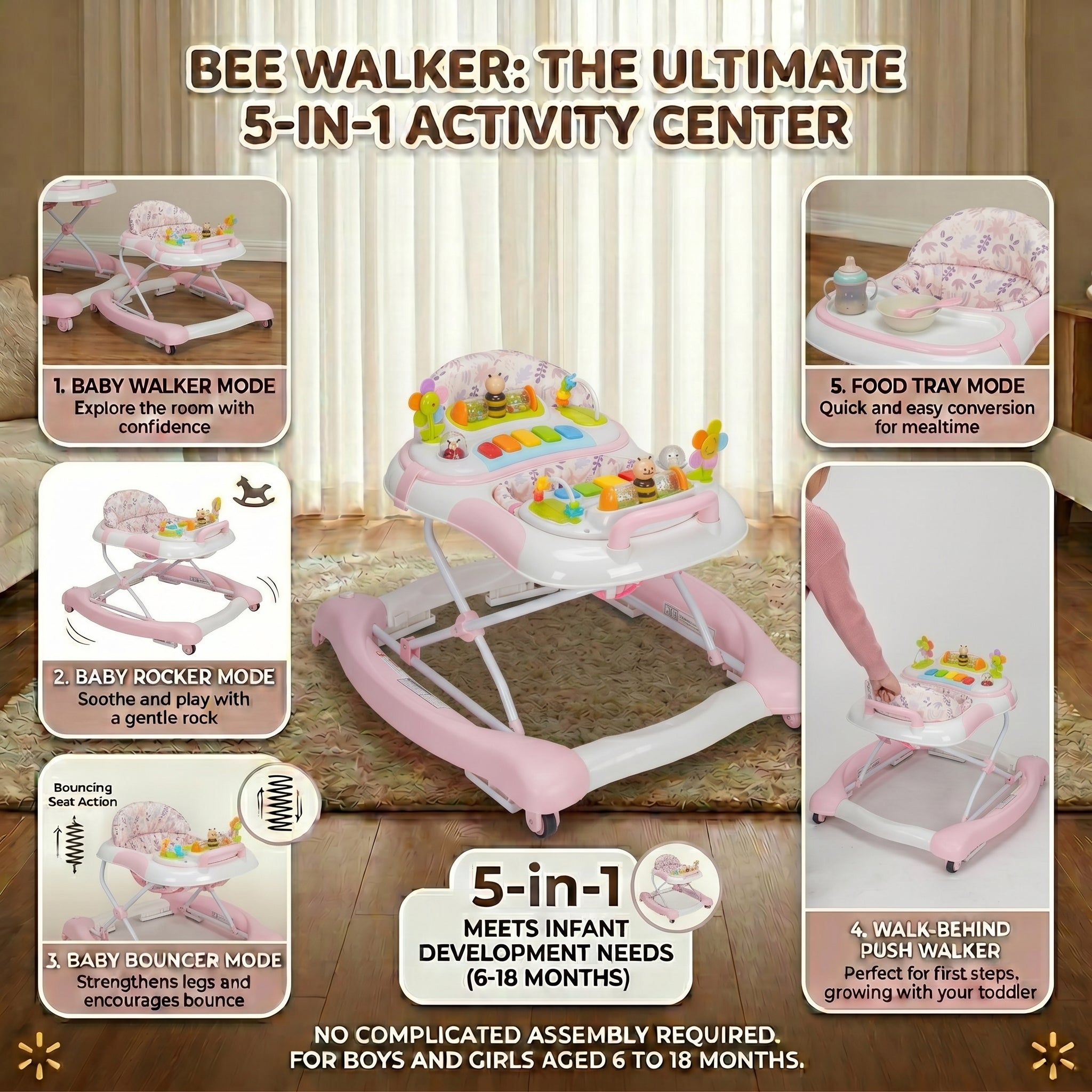 SIYI-Baby Walker,5-in-1 Activity Walker,Activity Center,Jumper,Push walker Rocker,W/Wheels,Music and Lights Toys,Foldable,for 6-18 Months Boys Girls