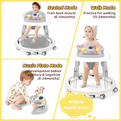 PRVAETU Foldable Baby Walker Activity Center W/ Wheels,Height Adjustable,Music Toy & Foot Pad for 6-18 Months Babies Infant Boys Girls
