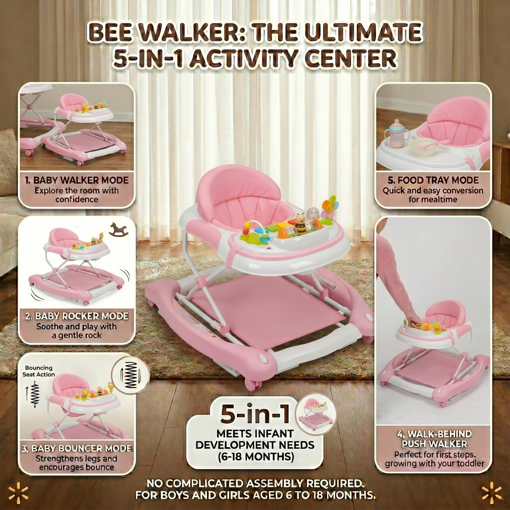 SIYI-Baby Walker,5-in-1 Activity Walker,Activity Center,Jumper,Push walker Rocker,W/Wheels,Music and Lights Toys,Foldable,for 6-18 Months Boys Girls