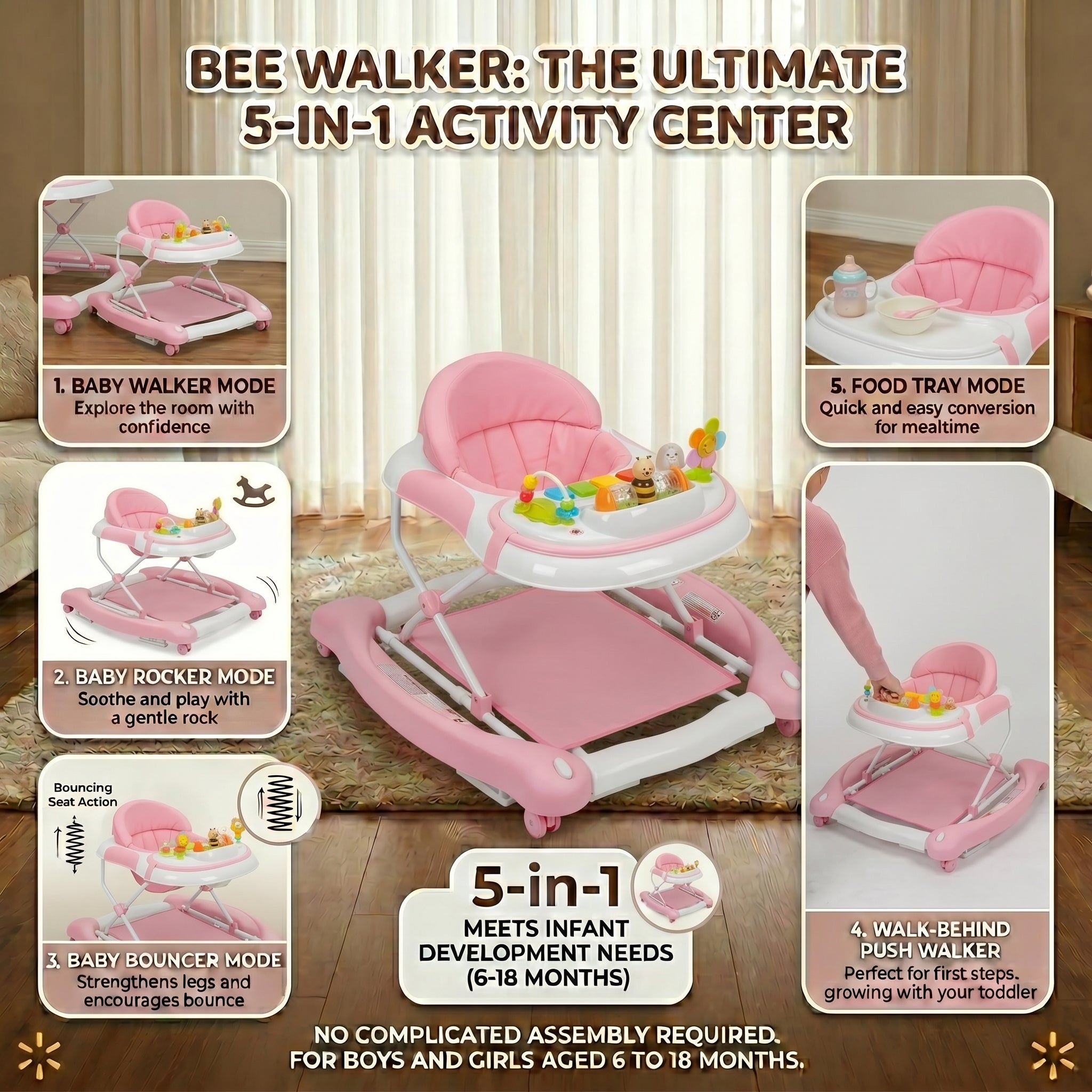 SIYI-Baby Walker,5-in-1 Activity Walker,Activity Center,Jumper,Push walker Rocker,W/Wheels,Music and Lights Toys,Foldable,for 6-18 Months Boys Girls