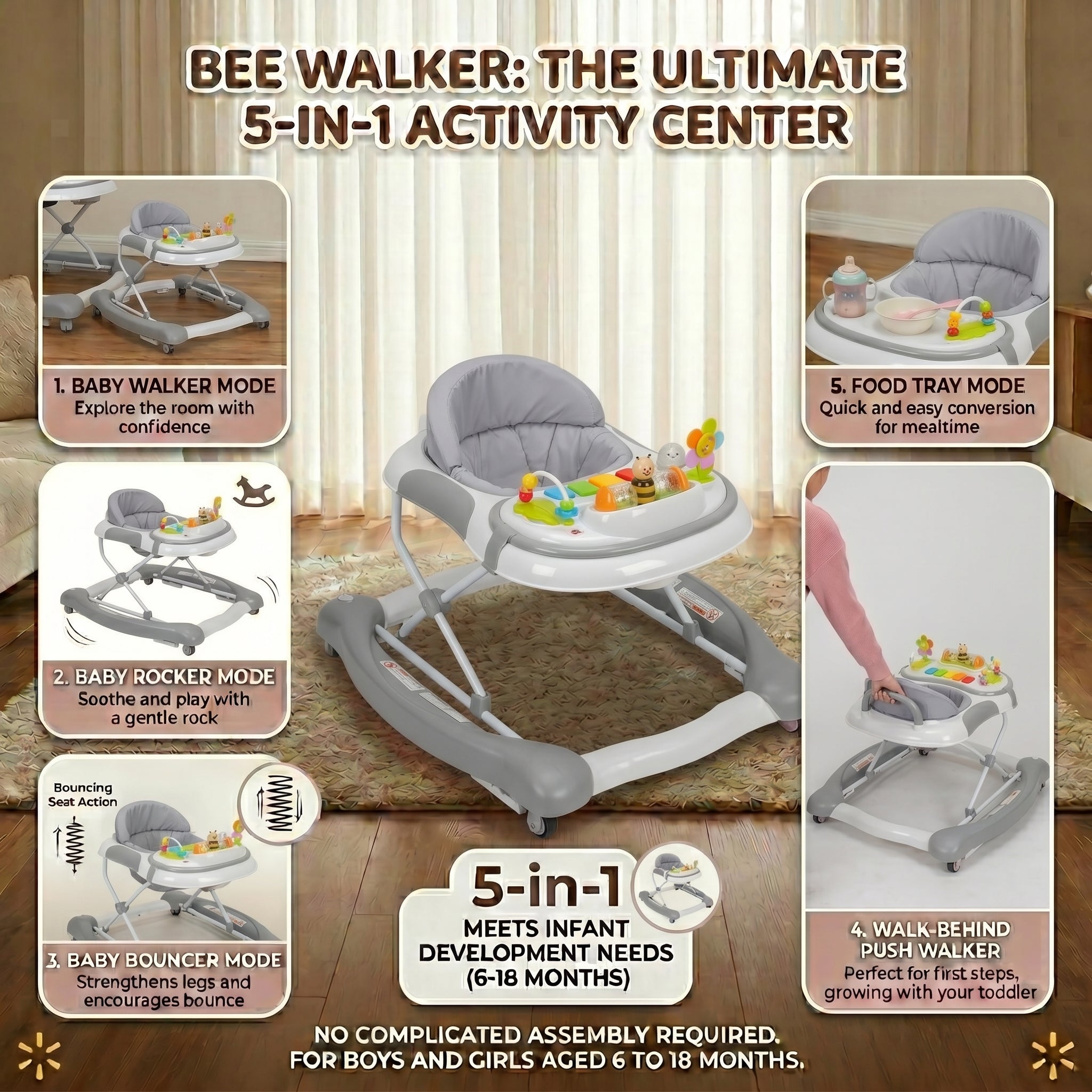 SIYI-Baby Walker,5-in-1 Activity Walker,Activity Center,Jumper,Push walker Rocker,W/Wheels,Music and Lights Toys,Foldable,for 6-18 Months Boys Girls