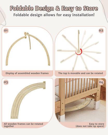 PRVAETU Wooden Baby Gym Play Mat, Foldable Tummy Time Playmat W/ 7 Detachable Toys for Infant Newborn Toddler Motor Skills Sensory Development