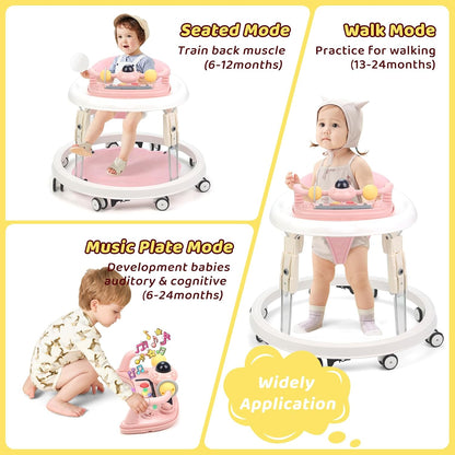 PRVAETU Foldable Baby Walker Activity Center W/ Wheels,Height Adjustable,Music Toy & Foot Pad for 6-18 Months Babies Infant Boys Girls
