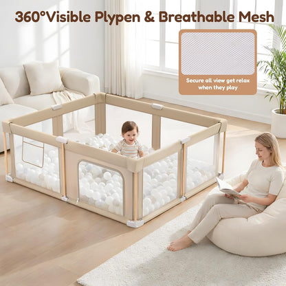 PRVAETU Foldable Baby Playpen with Mat, Play Yard Fence for Babies Boys Girls Toddlers, Large Playard W/ 300D Fabric for Infant and Kids