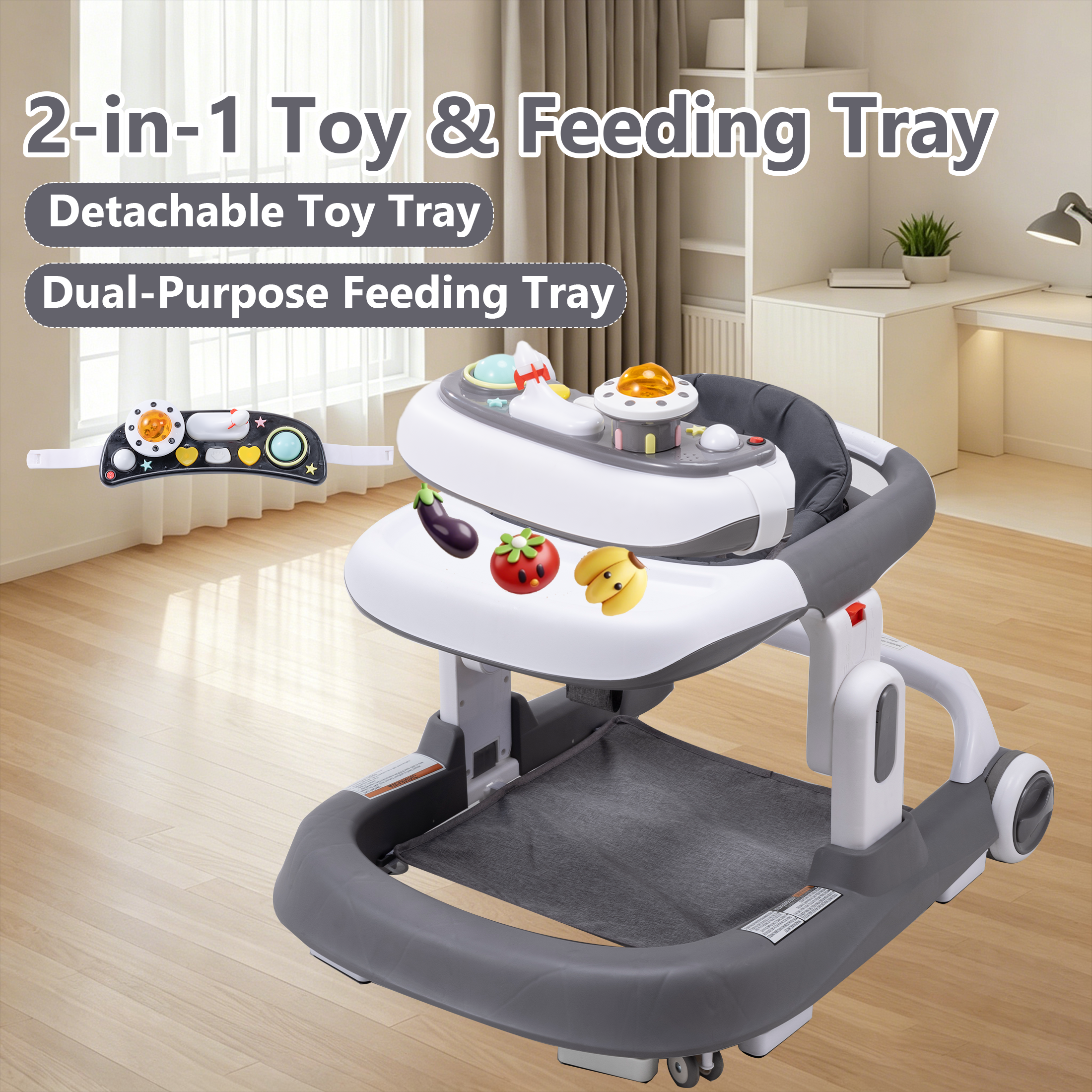4-in-1 Baby Walker with Wheels, Adjustable Height, Music and Light for Girls Boys Infant 6-18 Months