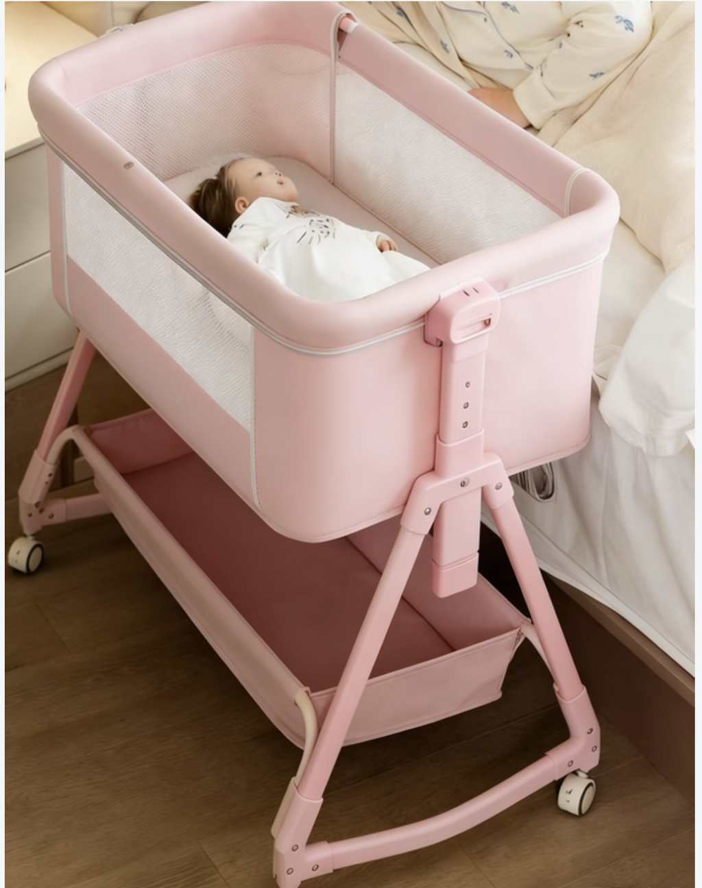 PRVAETU Baby Bassinet, 3-in-1 Baby Bassinet Bedside Sleeper with Wheels, Adjustable Easy Folding Portable Rocking Crib for Infant Newborn (Khaki)