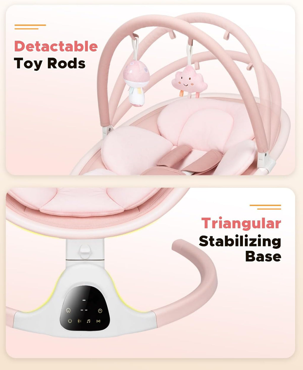 PRVAETU Baby Swing for Infants,5 Speeds,10 Lullabies,5-Point Harness,Electric Rocking Chair for Toddlers with Bluetooth,Remote Control,Touch Panel