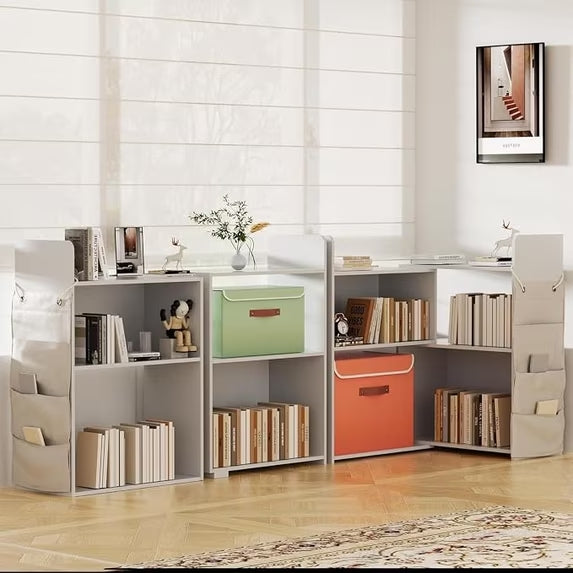 PRVAETU 4 Cube Storage Organizer, 32inch Wooden Extendable Book Shelf DIY Bookcase with 2 pcs Storage Cabinet and Side Pockets, Open Storage Cabinet for Living Room, Bedroom, Home, Office