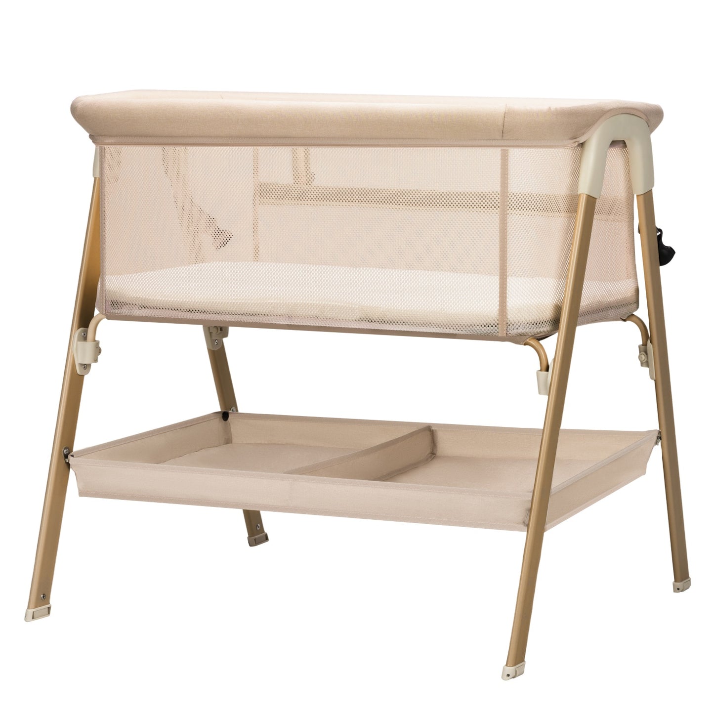 Baby Bassinet, Bedside Bassinet for Baby, Bassinet Bedside Sleeper with Mattress, Storage Basket and 4 Auto-Lock Wheels, Full-Mesh Sides, Bedside Mini Crib for Newborn (Beige)